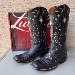 Lucchese Sherilyn Boots Womens 9 Black Embroidered Caiman Exotic Western Cowgirl